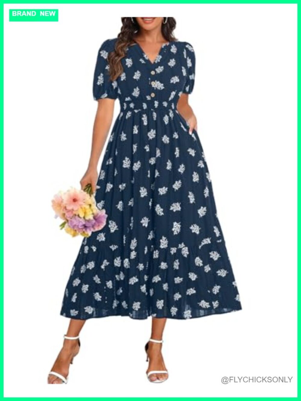 Womens Maxi Dress Puff Sleeve V Neck Smocked Tiered Boho A-Line Long Dress